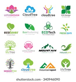 Green and Eco Friendly Products logo set, Lotus, Green technology, Nature and Tree Symbol.