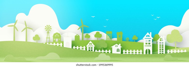 Diseño ecológico ecológico ecológico ecológico y ahorro energético.Estilo de arte de papel de conservación del medio ambiente en las zonas rurales y urbanas.Ilustración vectorial.