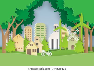 Green eco friendly and save the world concept design.Urban countryside and cityscape of environment conservation paper art style.Vector illustration.