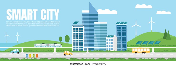 
Green Eco Friendly Smart City Landscape. Skyscrapers,solar Panels, Windmills, Waste Bins, Electrocar, Train, And Electrobus.  Renewable Energy, Waste Recycling. Web Banner, Template.