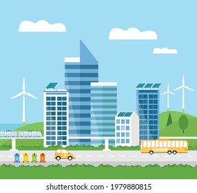 Green Eco friendly smart city landscape. Skyscrapers,solar panels, windmills, waste bins, electrocar, train, and electrobus.  Renewable energy, waste recycling. Ecological concept.Modern city. Vector
