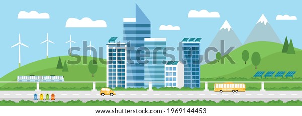 \
Green Eco friendly smart city landscape.\
Skyscrapers,solar panels, windmills, waste bins, electrocar, train,\
and electrobus.  Renewable energy, waste recycling. Ecological\
concept.Modern city.\
Vector
