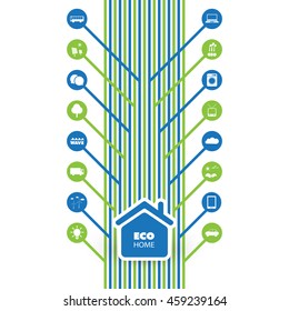 Concepto de hogar inteligente ecológico con iconos - Ilustración en formato vectorial editable