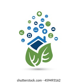Green Eco Friendly Smart Home Concept with Icons - Illustration in Editable Vector Format