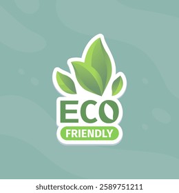 Green Eco friendly sticker with leaves suitable for environmental, nature related, sustainable, and organic themed designs, packaging, and marketing materials.
