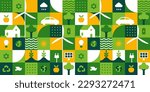 Green eco friendly symbol mosaic seamless pattern illustration with nature abstract shapes. Fresh organic concept background print. Minimalist environment shape texture, geometry collage.