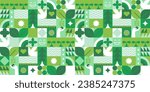 Green eco friendly symbol mosaic seamless pattern illustration with nature abstract shapes. Fresh organic concept background print. Minimalist environment shape texture, geometry collage.