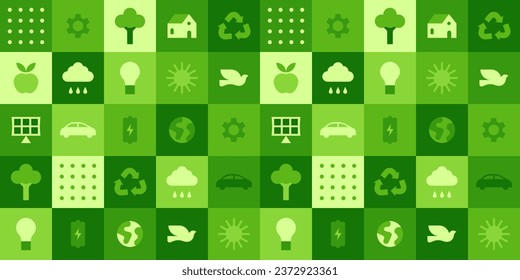 Green eco friendly symbol mosaic seamless pattern illustration with nature abstract shapes. Fresh organic concept background print. Minimalist environment shape texture, geometry collage.