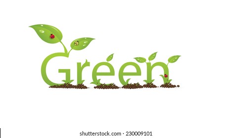 green eco friendly text green decorated with leaves and bugs and curl