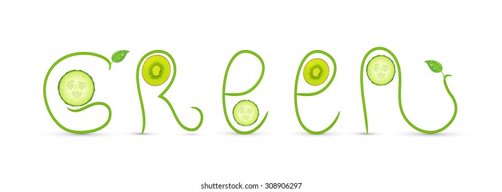 green eco friendly text  decorated with slices of cucumber and kiwi on white background, green inscription, vector