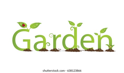 green eco friendly text Garden decorated with leaves and bugs and curl on the white backgroung, vector