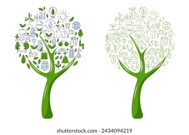 Green eco friendly tree filled with ecology icons and signs. Vector illustration, design element. Ecology concept, recycling sustainability, renewable energy, net zero emissions by 2050