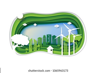 Green eco friendly urban city with 3d paper layer cut abstract nature background.Ecology and environment conservation concept design paper art style.Vector illustration.