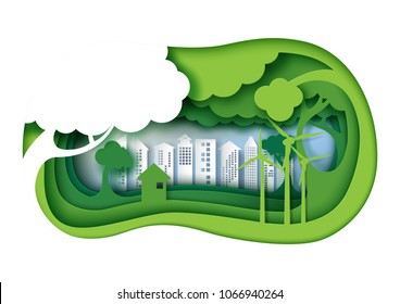 Green eco friendly urban city with 3d paper layer cut abstract nature background.Ecology and environment conservation concept design paper art style.Vector illustration.