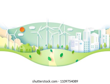 Green eco friendly urban city of environment and ecology conservation concept.Paper art vector illustration.