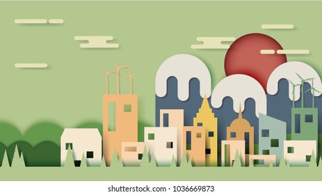 Green eco friendly urban cityscape and forest nature landscape abstract background.Ecology and environment conservation concept paper art design.Vector illustration.
