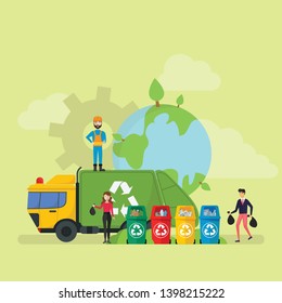 Green Eco Friendly Waste Recycling Technology Lifestyle Tiny People Character Concept Vector Illustration, Suitable For Wallpaper, Banner, Background, Card, Book Illustration, And Web Landing Page - V