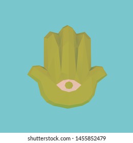 Green Eco Hamsa Hand of Fatima on Blue Background. Low Poly Vector 3D Rendering