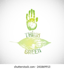 Green eco hand with logo template and think green slogan sign. Safe idea.