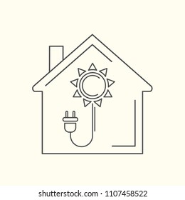 Green eco home emblem, vector linear illustration. Sun power plug logo design. Biotechnology solar energy line style concept. 