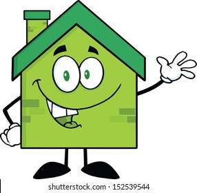 Green Eco House Cartoon Character Waving For Greeting