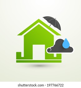 Green Eco House covered under umbrella with cloud and blue rain drop. 