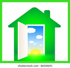 green eco house with door and cloud, sun, grass