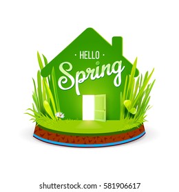 Green eco house icon with open door and grass isolared on white background. Hello Spring lettering. Vector illustration