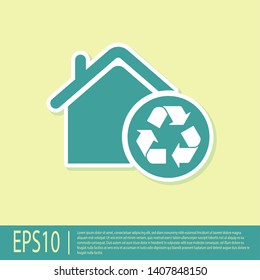 Green Eco House with recycling symbol icon isolated on yellow background. Ecology home with recycle arrows. Vector Illustration