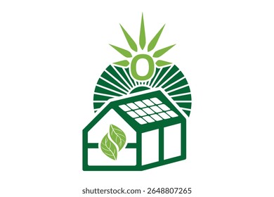 Green eco house with solar panels and sun o letter logo icon
