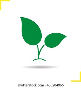 Green eco icon. Drop shadow ecology silhouette symbol. Growing plant with leaves. Vector isolated illustration