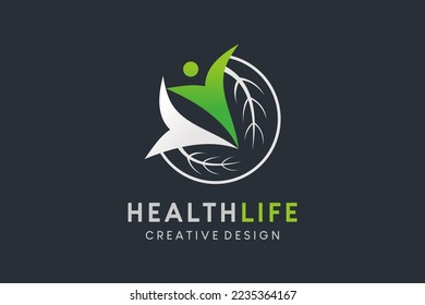 Green eco icon logo design, wellness life, human leaf in abstract style