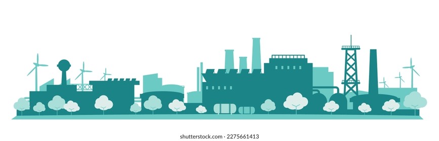 Green eco Industrial factories 
low emission zone silhouette factory zone outline shadow background monochrome