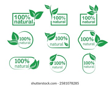 Green eco labels with '100% natural' text, leaves and frames in various shapes, vector illustration.