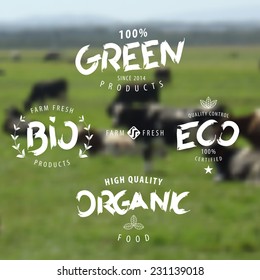 Green Eco labels and icons set. Blurry background of an Agriculture field landscape with cattle grazing. Vector Organic products design. 