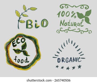 Green eco labels with text 100% natural, bio, ECO and organic. Vector badges with watercolor texture isolated on grey background. Artistic design for natural products (cosmetic, food, craft).