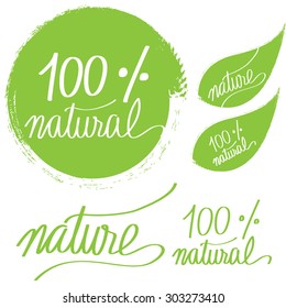 Green eco labels with text 100% natural and handwritten 'nature' text