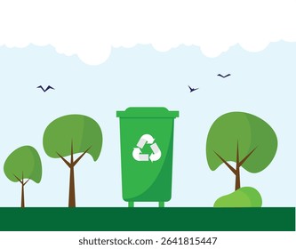 Green Eco Landscape with Trash Bin and Nature Trees Flat Style. Environmental preservation and ecology concept vector art