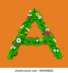 A Green eco letter with leaves and flowers for your design. Flat color style. Spring and summer concept. Vector Illustration