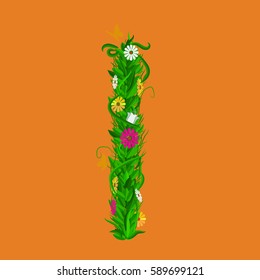 I Green eco letter with leaves and flowers for your design. Flat color style. Spring and summer concept. Vector Illustration