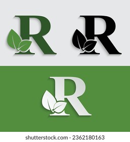 Green eco letter R leaf template logo natural alphabet 