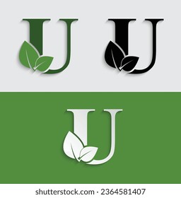 Letra ecológica verde logotipo de plantilla de hoja U alfabeto natural 