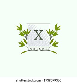 Green eco letter X logo with leaves in square shape. Initials with botanical elements with Floral letter design for business identity style