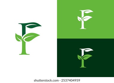 Letras ecológicas verdes F logotipo com folhas. símbolo alfabeto botânico natural. modelo folha logotipo