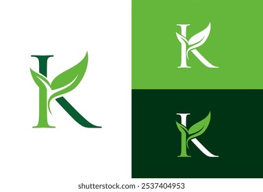 Letras ecológicas verdes K logotipo com folhas. símbolo alfabeto botânico natural. modelo folha logotipo