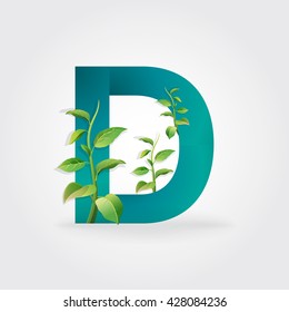 Green eco letters logo with leaves. /symbol / alphabet / Letter D / botanical / natural