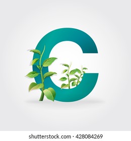 Green eco letters logo with leaves. /symbol / alphabet / Letter C / botanical / natural