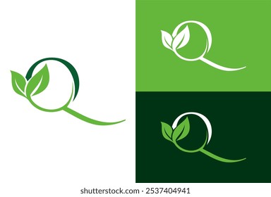 Green eco letters Q logo with leaves. symbol alphabet botanical natural. template leaf logo