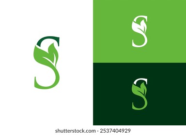 Green eco letters S logo with leaves. symbol alphabet botanical natural. template leaf logo