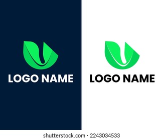 Green eco letters u logo with leaves. Initial u Logo design vector